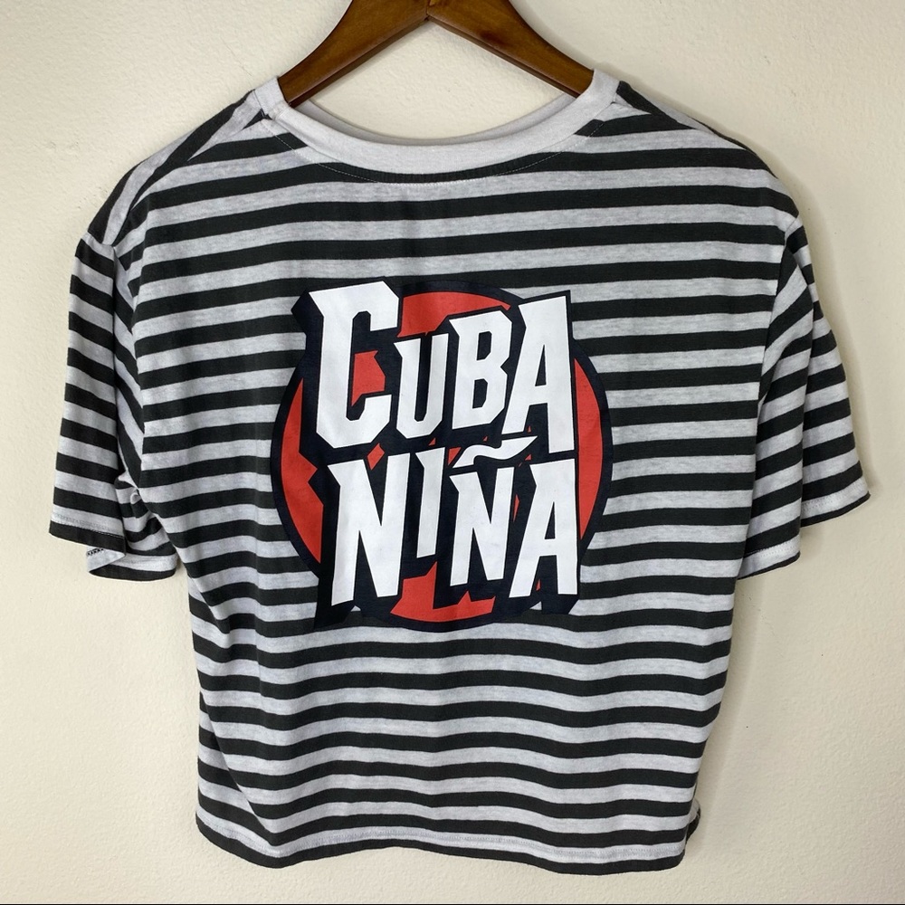 Cuba Nina gray and white striped cropped tee shirt spell out graphic women’s